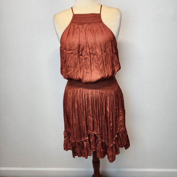 Halston Smocked Satin Dress Size M Pleated High Neck Elastic Waist Ruffle Hem - Picture 1 of 15